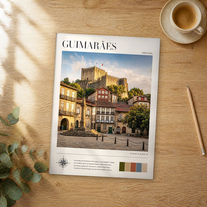 Unframed Guimarães modern photography travel poster on a wooden table