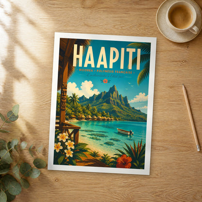 Unframed Haapiti retro travel poster on a wooden table