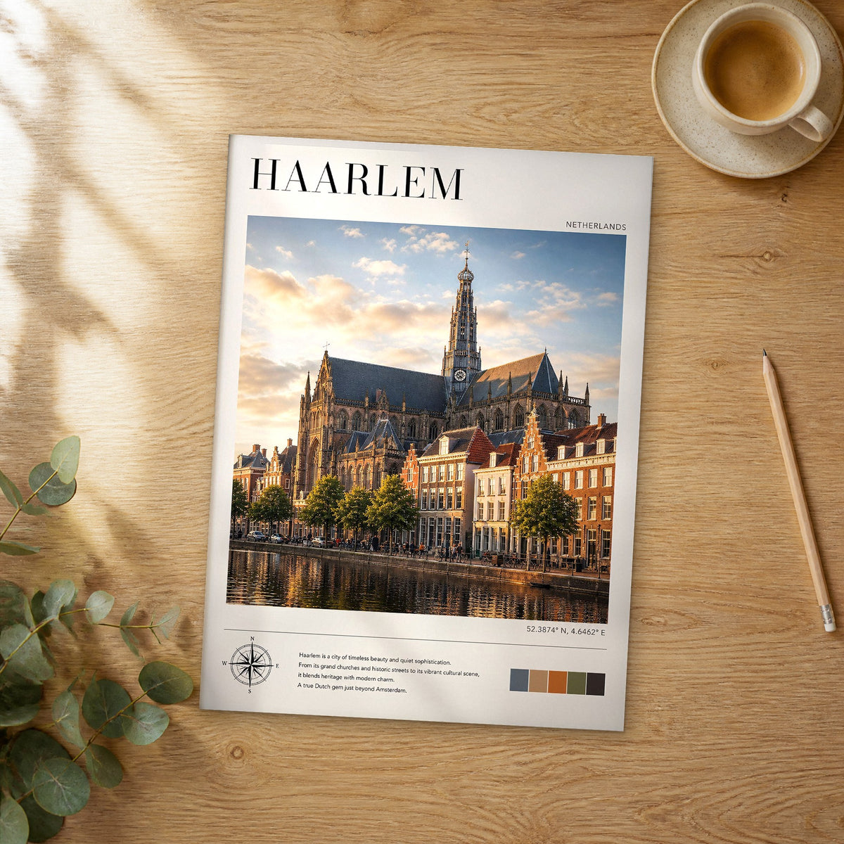 Unframed Haarlem modern photography travel poster on a wooden table