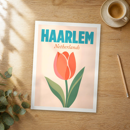 Unframed Haarlem pop art travel poster on a wooden table