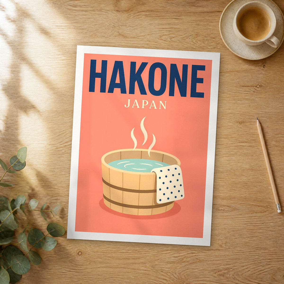 Unframed Hakone pop art travel poster on a wooden table