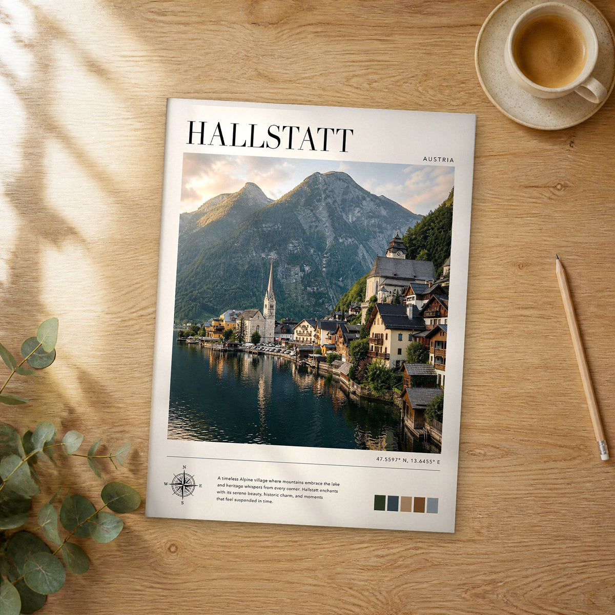 Unframed Hallstatt modern photography travel poster on a wooden table