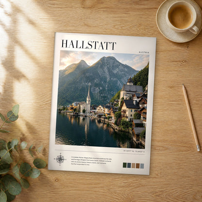 Unframed Hallstatt modern photography travel poster on a wooden table