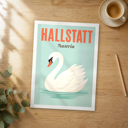 Unframed Hallstatt pop art travel poster on a wooden table