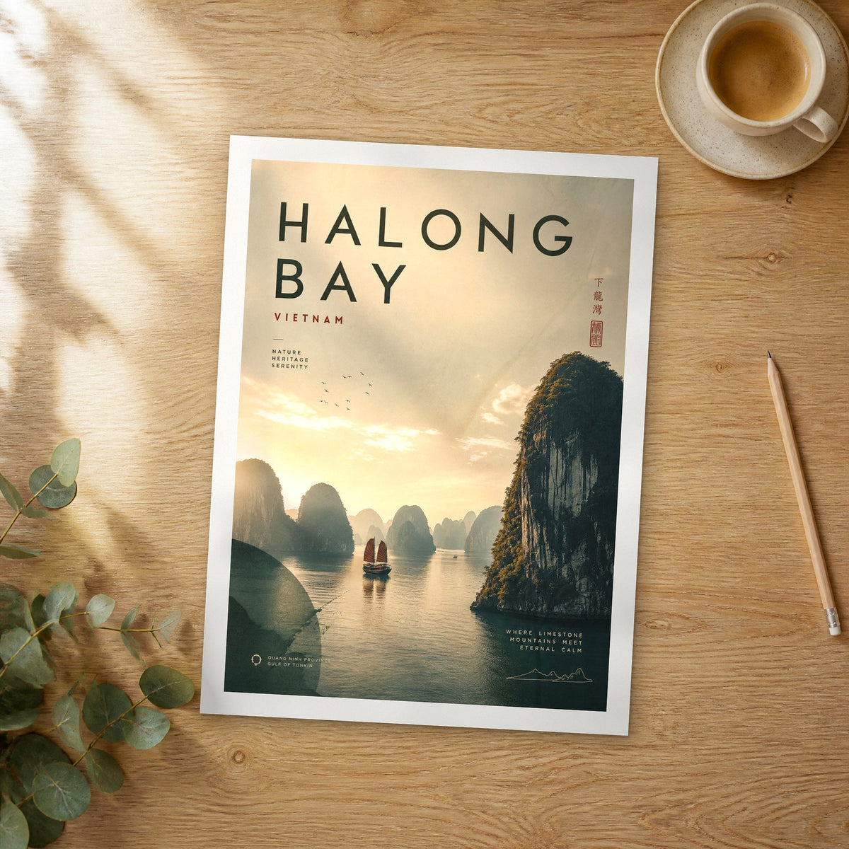 Unframed Halong Bay bold typography travel poster on a wooden table