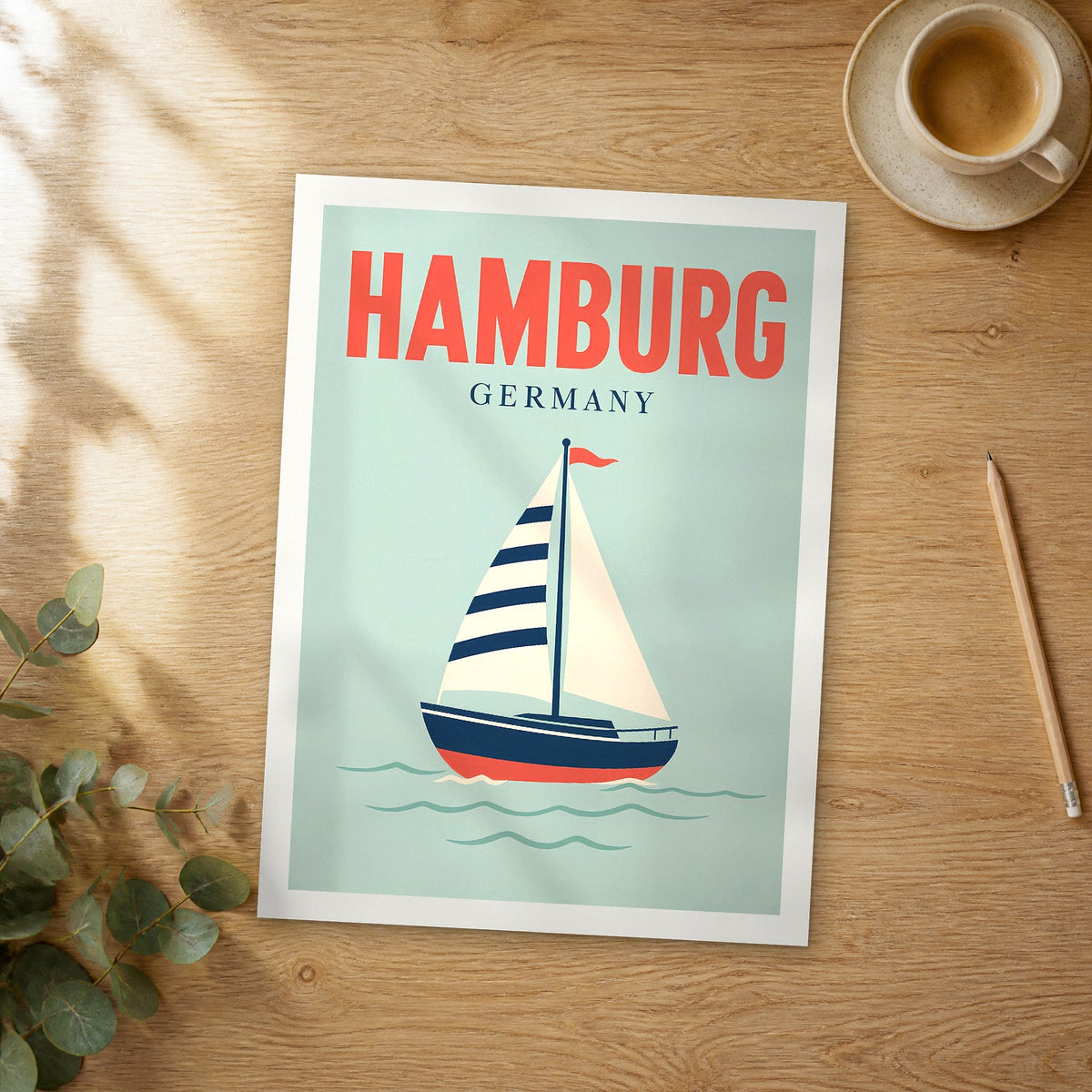 Unframed Hamburg pop art travel poster on a wooden table