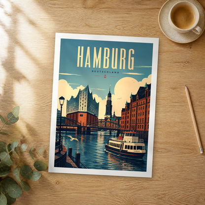 Unframed Hamburg retro travel poster on a wooden table