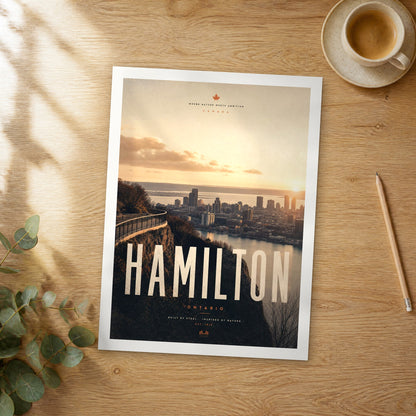 Unframed Hamilton bold typography travel poster on a wooden table