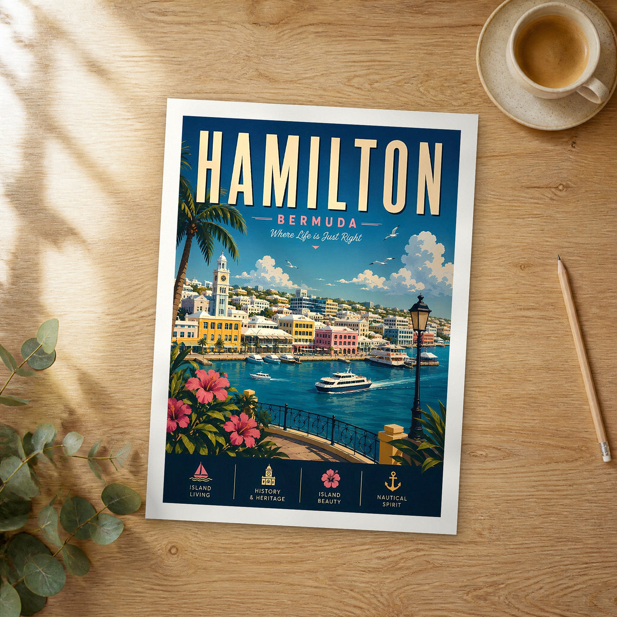 Unframed Hamilton retro travel poster on a wooden table