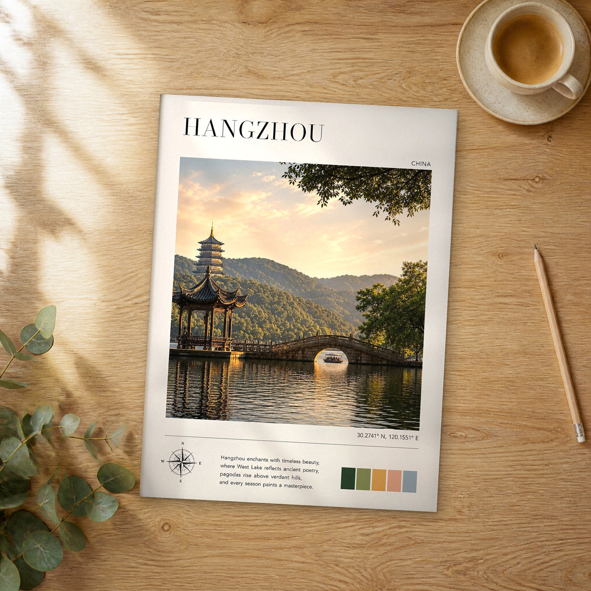 Unframed Hangzhou modern photography travel poster on a wooden table