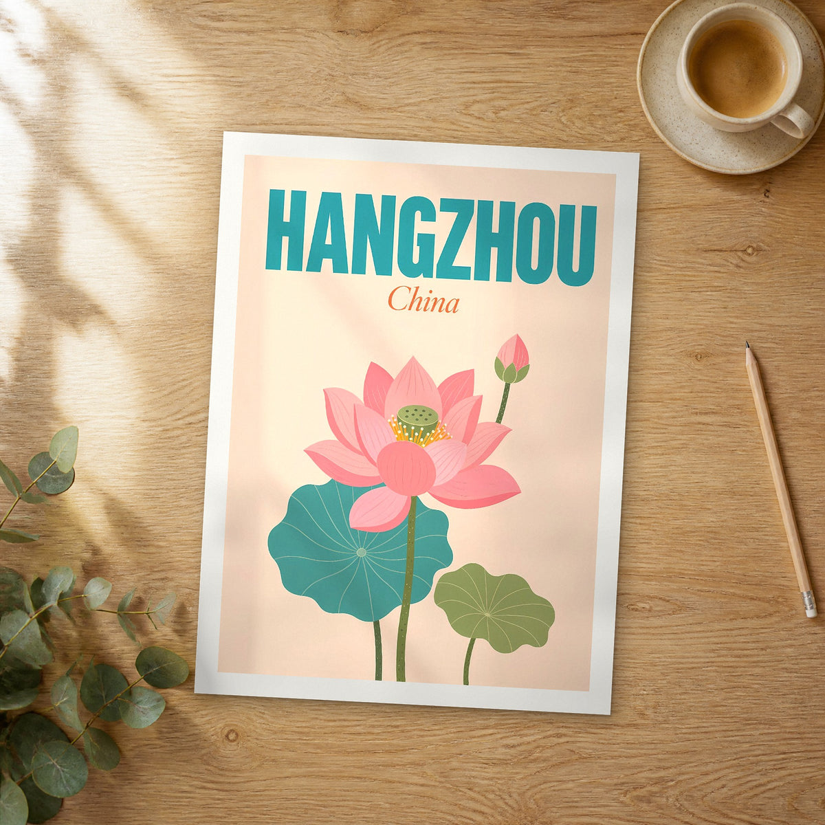 Unframed Hangzhou pop art travel poster on a wooden table