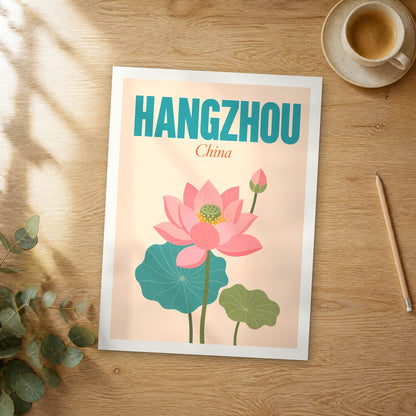 Unframed Hangzhou pop art travel poster on a wooden table