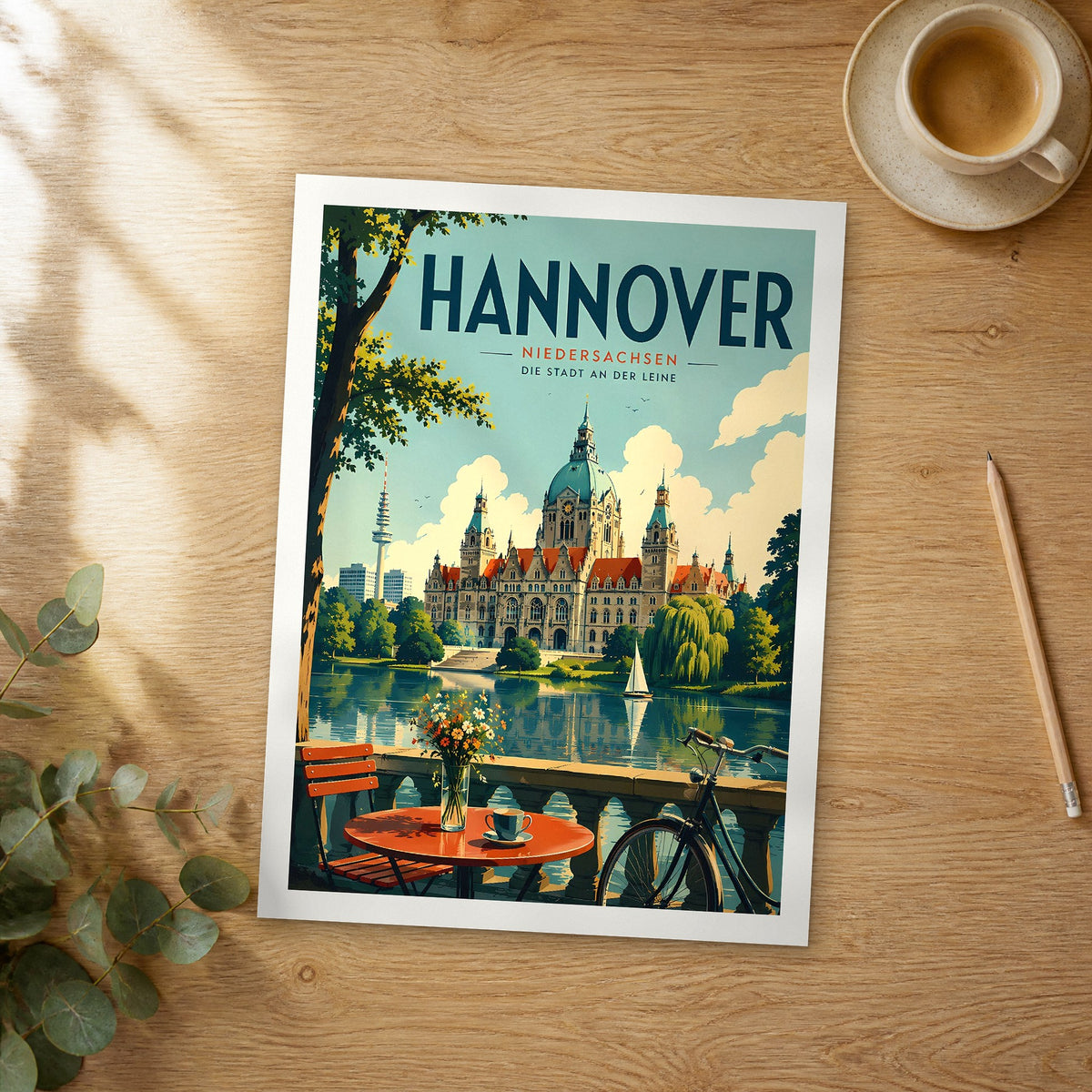 Unframed Hannover retro travel poster on a wooden table