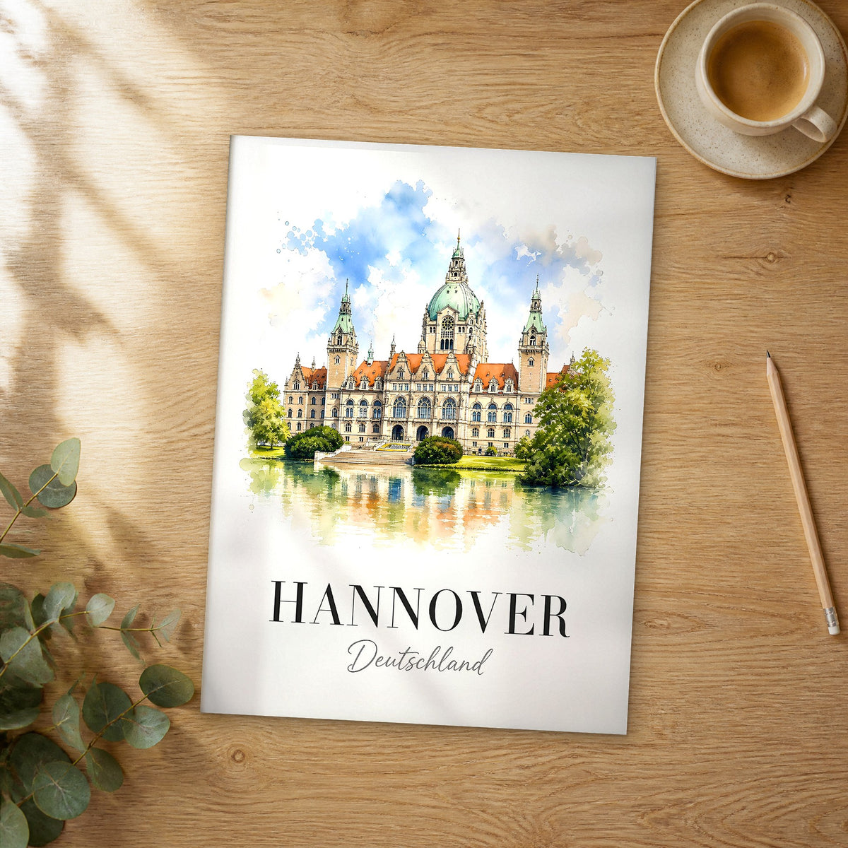 Unframed Hannover watercolor travel poster on a wooden table