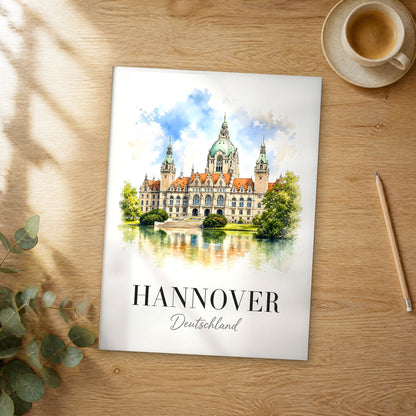 Unframed Hannover watercolor travel poster on a wooden table