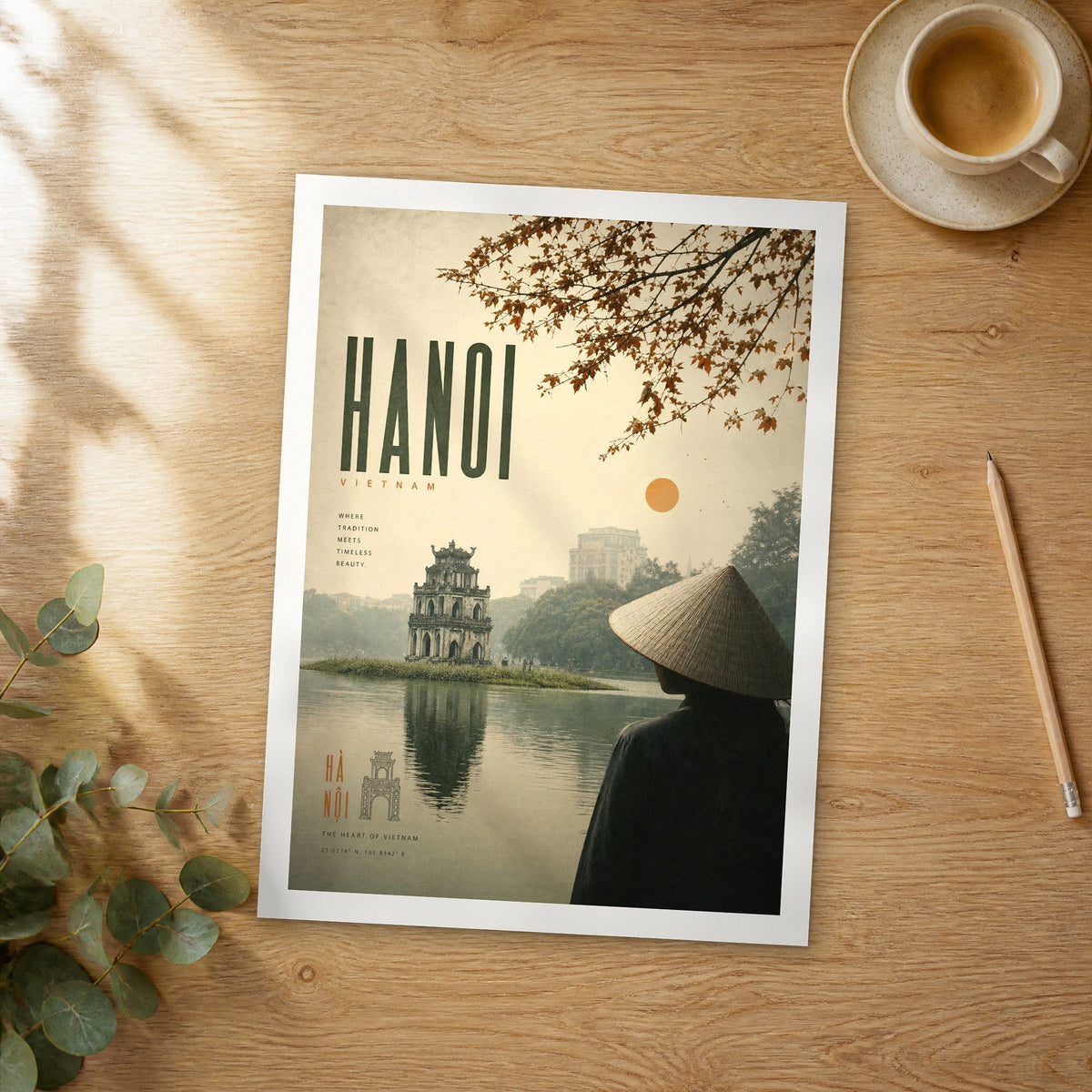 Unframed Hanoi bold typography travel poster on a wooden table