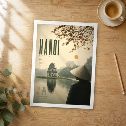 Unframed Hanoi bold typography travel poster on a wooden table
