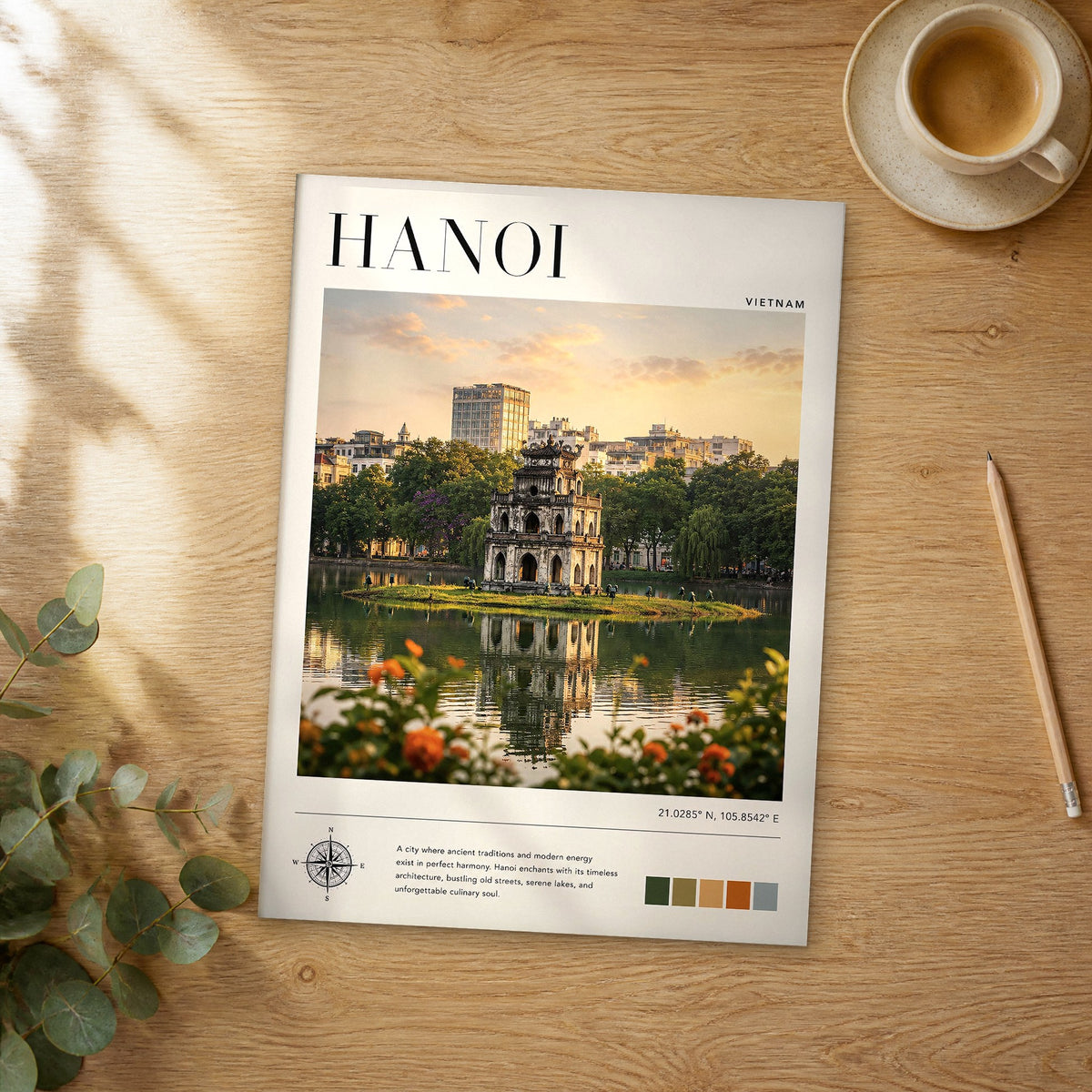 Unframed Hanoi modern photography travel poster on a wooden table