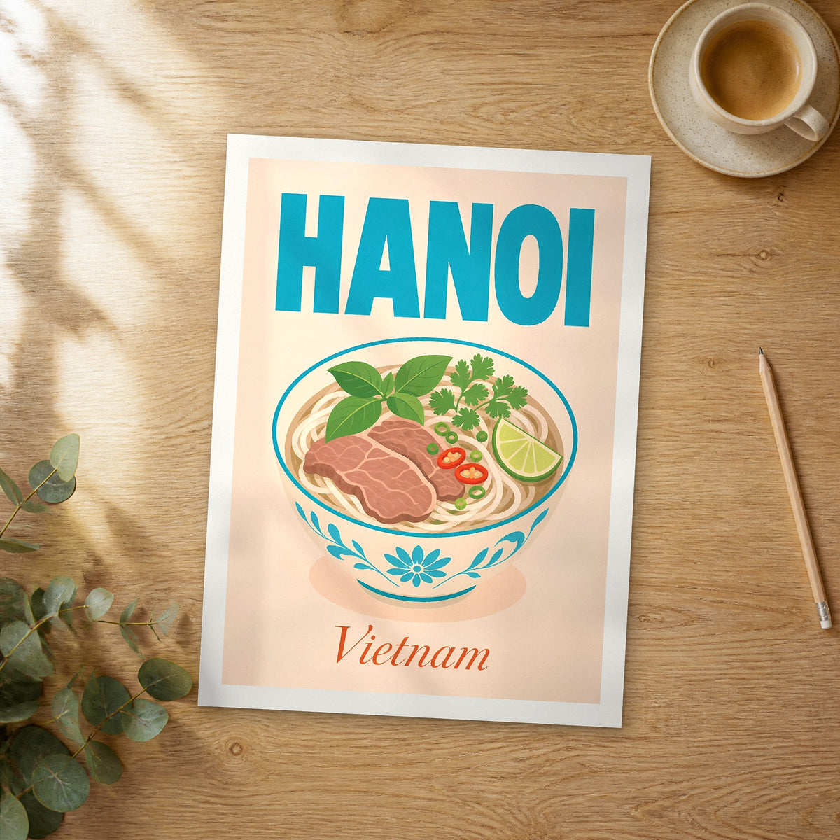 Unframed Hanoi pop art travel poster on a wooden table