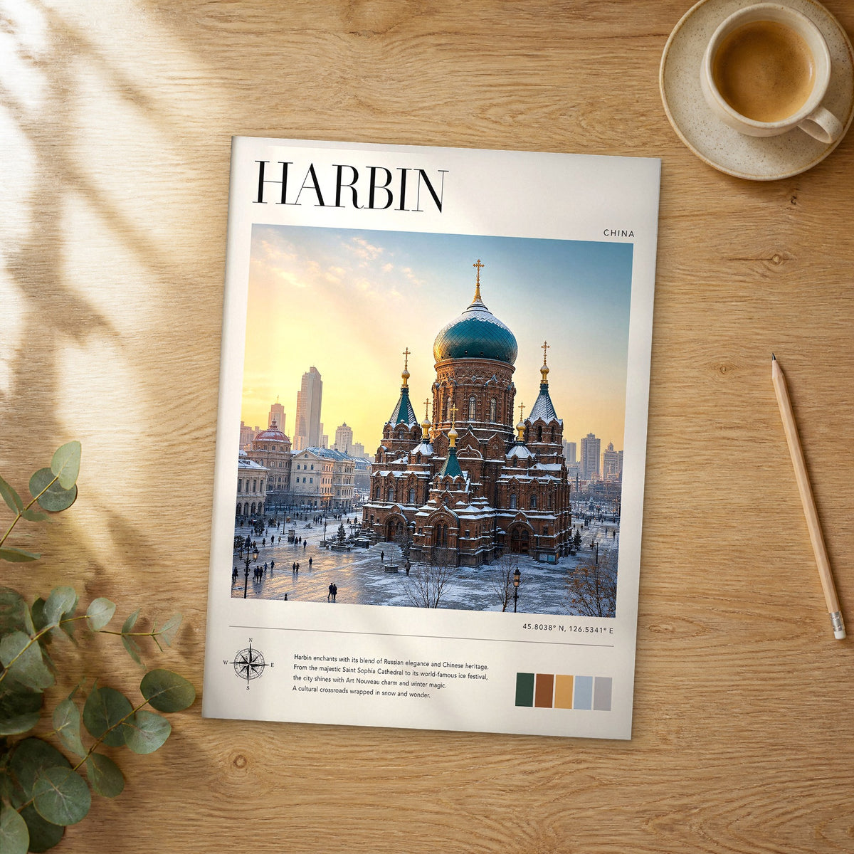 Unframed Harbin modern photography travel poster on a wooden table