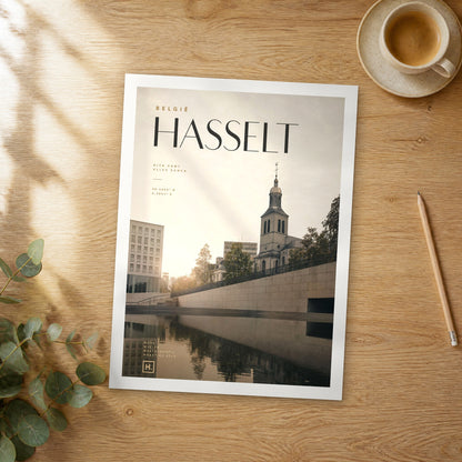 Unframed Hasselt bold typography travel poster on a wooden table