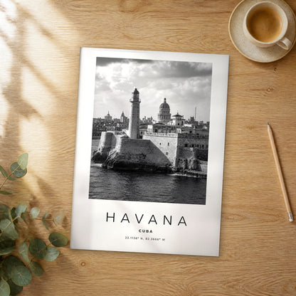 Unframed Havana black and white travel poster on a wooden table
