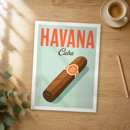 Unframed Havana pop art travel poster on a wooden table