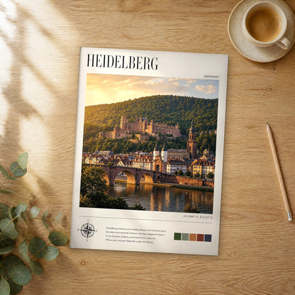 Unframed Heidelberg modern photography travel poster on a wooden table