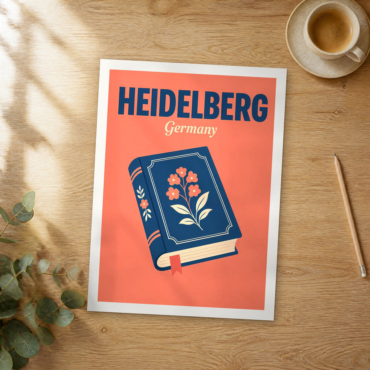Unframed Heidelberg pop art travel poster on a wooden table