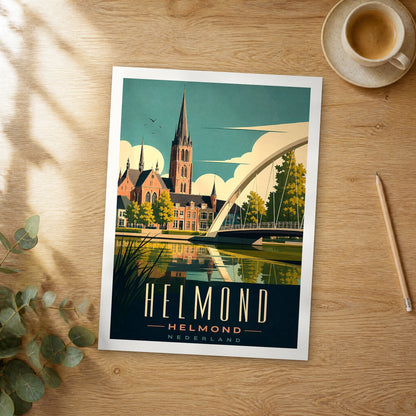 Unframed Helmond retro travel poster on a wooden table