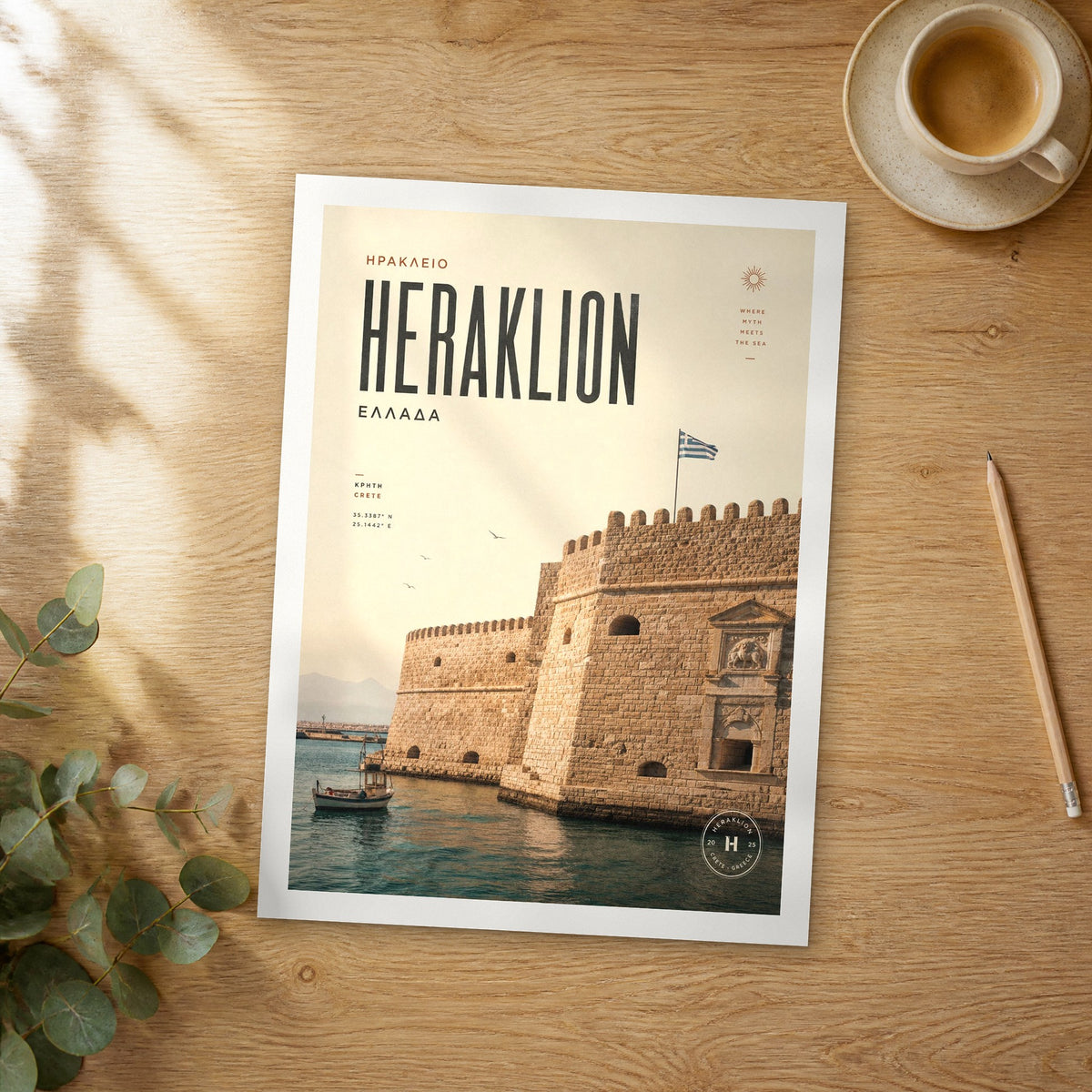 Unframed Heraklion Koules Fortress bold typography travel poster on a wooden table