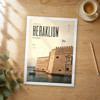 Unframed Heraklion Koules Fortress bold typography travel poster on a wooden table