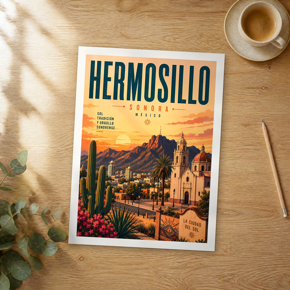 Unframed Hermosillo retro travel poster on a wooden table