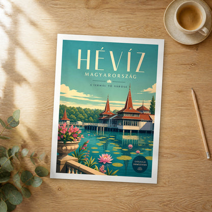 Unframed Hévíz retro travel poster on a wooden table