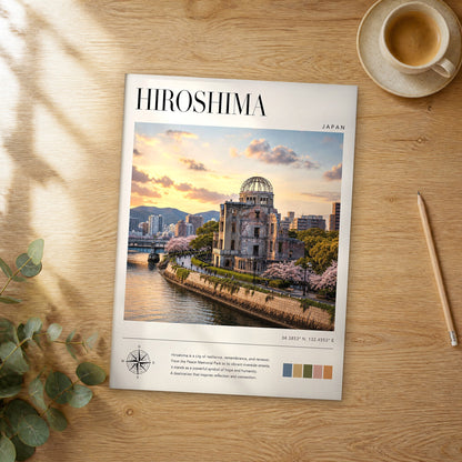 Unframed Hiroshima modern photography travel poster on a wooden table