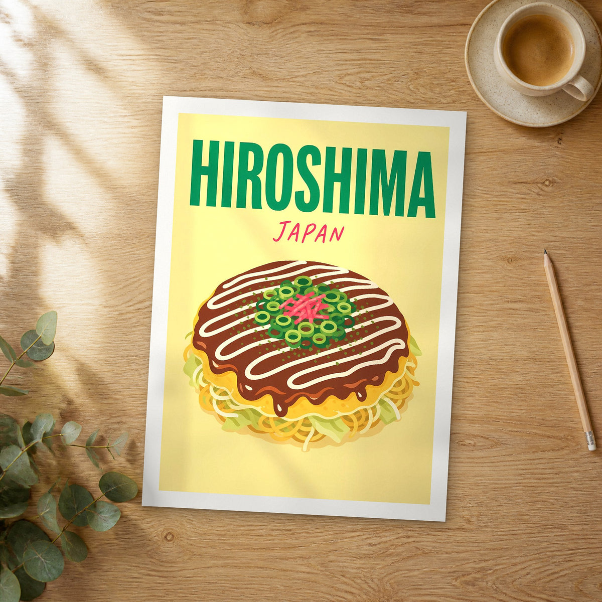 Unframed Hiroshima pop art travel poster on a wooden table