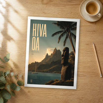 Unframed Hiva Oa bold typography travel poster on a wooden table