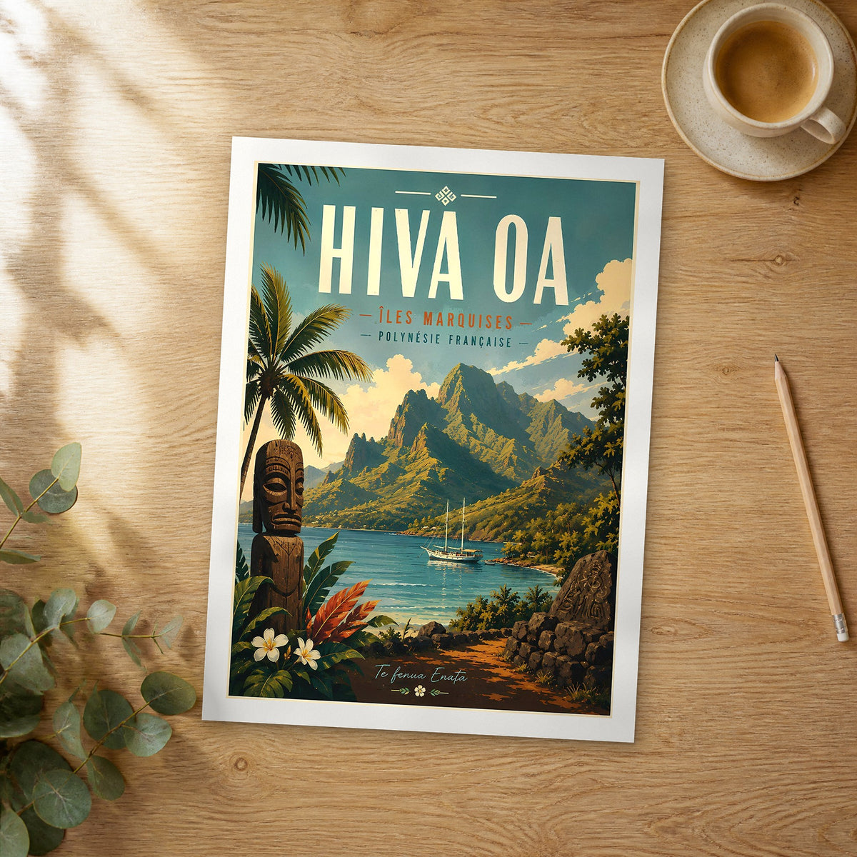 Unframed Hiva Oa Tiki and Mountain Bay retro travel poster on a wooden table