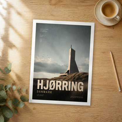 Unframed Hjørring bold typography travel poster on a wooden table