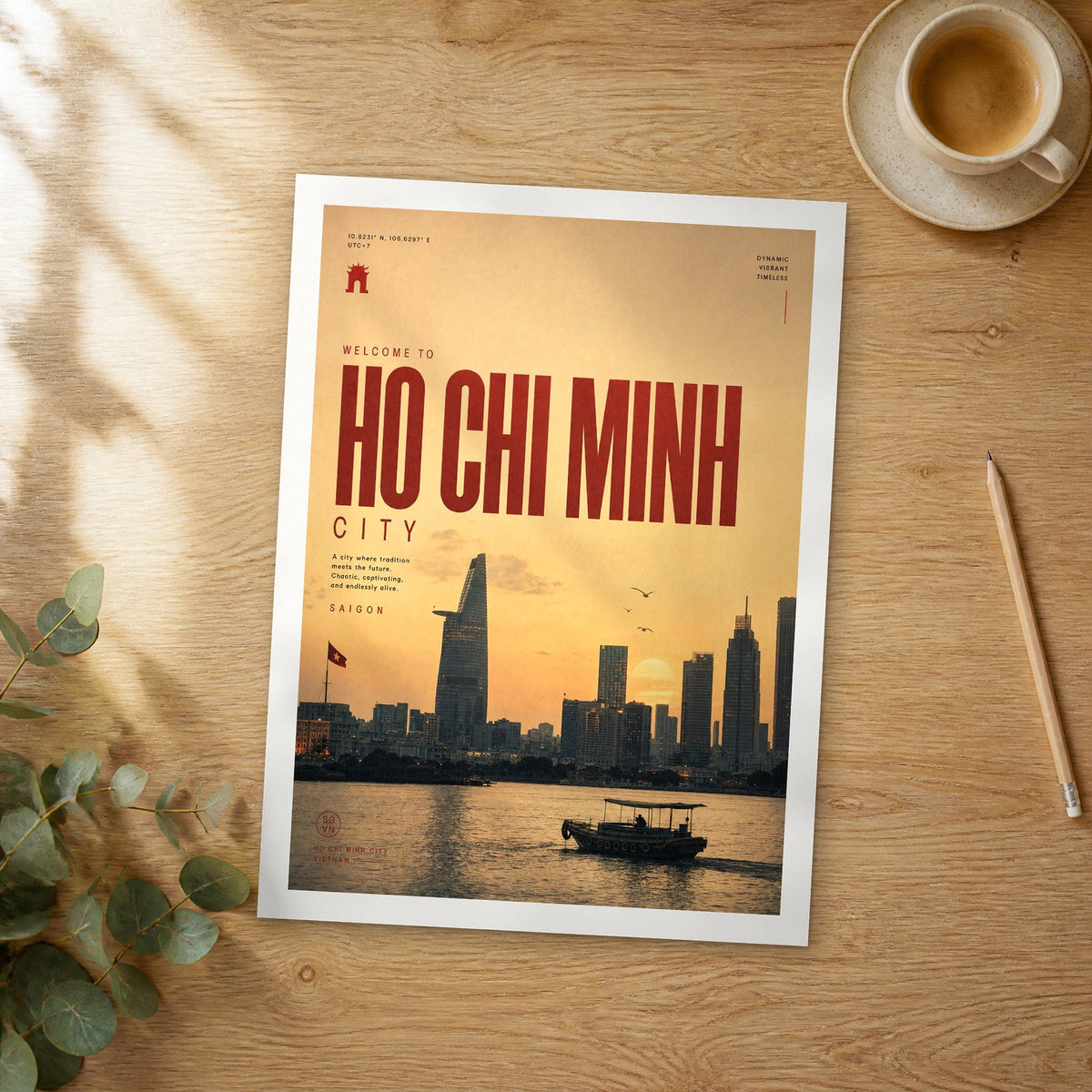 Unframed Ho Chi Minh City bold typography travel poster on a wooden table
