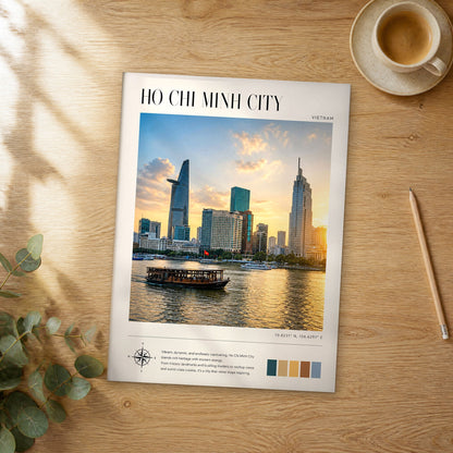 Unframed Ho Chi Minh City modern photography travel poster on a wooden table