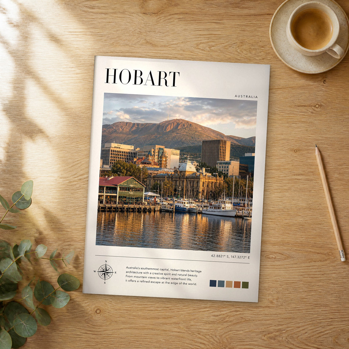 Unframed Hobart modern photography travel poster on a wooden table