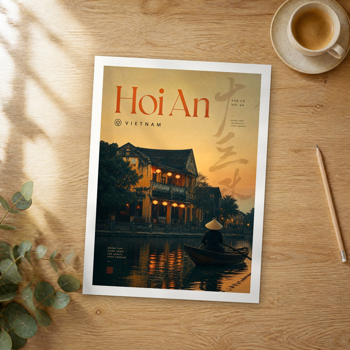 Unframed Hoi An bold typography travel poster on a wooden table