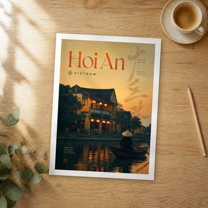Unframed Hoi An bold typography travel poster on a wooden table
