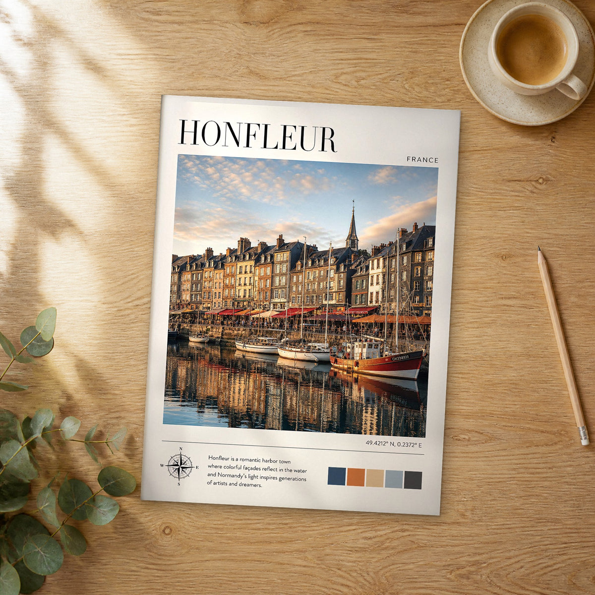 Unframed Honfleur modern photography travel poster on a wooden table