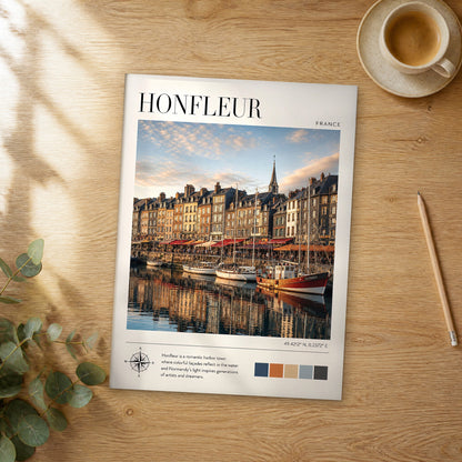 Unframed Honfleur modern photography travel poster on a wooden table