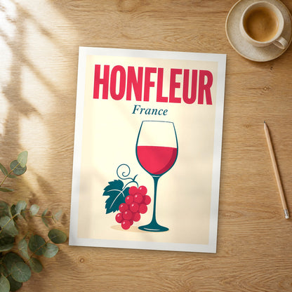 Unframed Honfleur pop art travel poster on a wooden table
