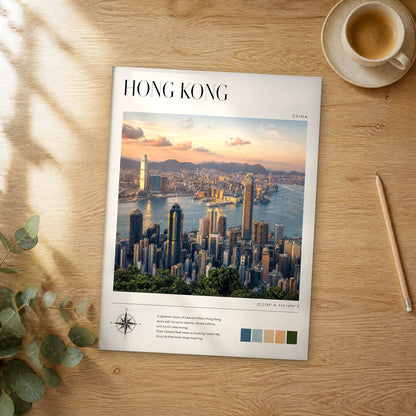 Unframed Hong Kong modern photography travel poster on a wooden table