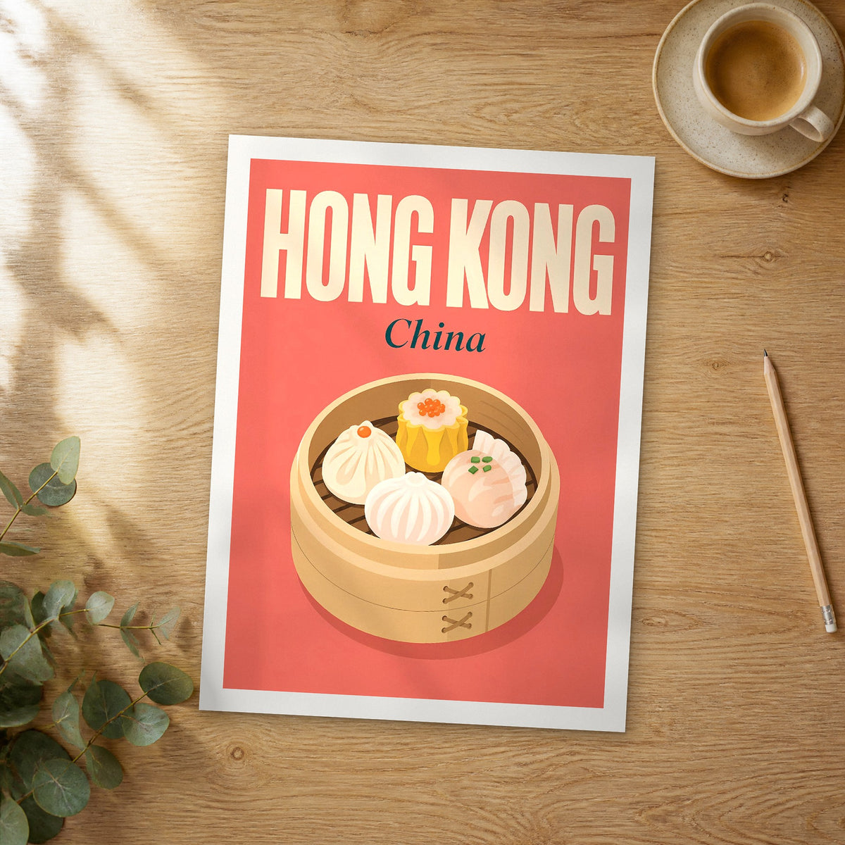 Unframed Hong Kong pop art travel poster on a wooden table