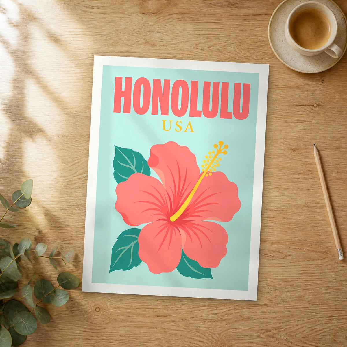 Unframed Honolulu pop art travel poster on a wooden table